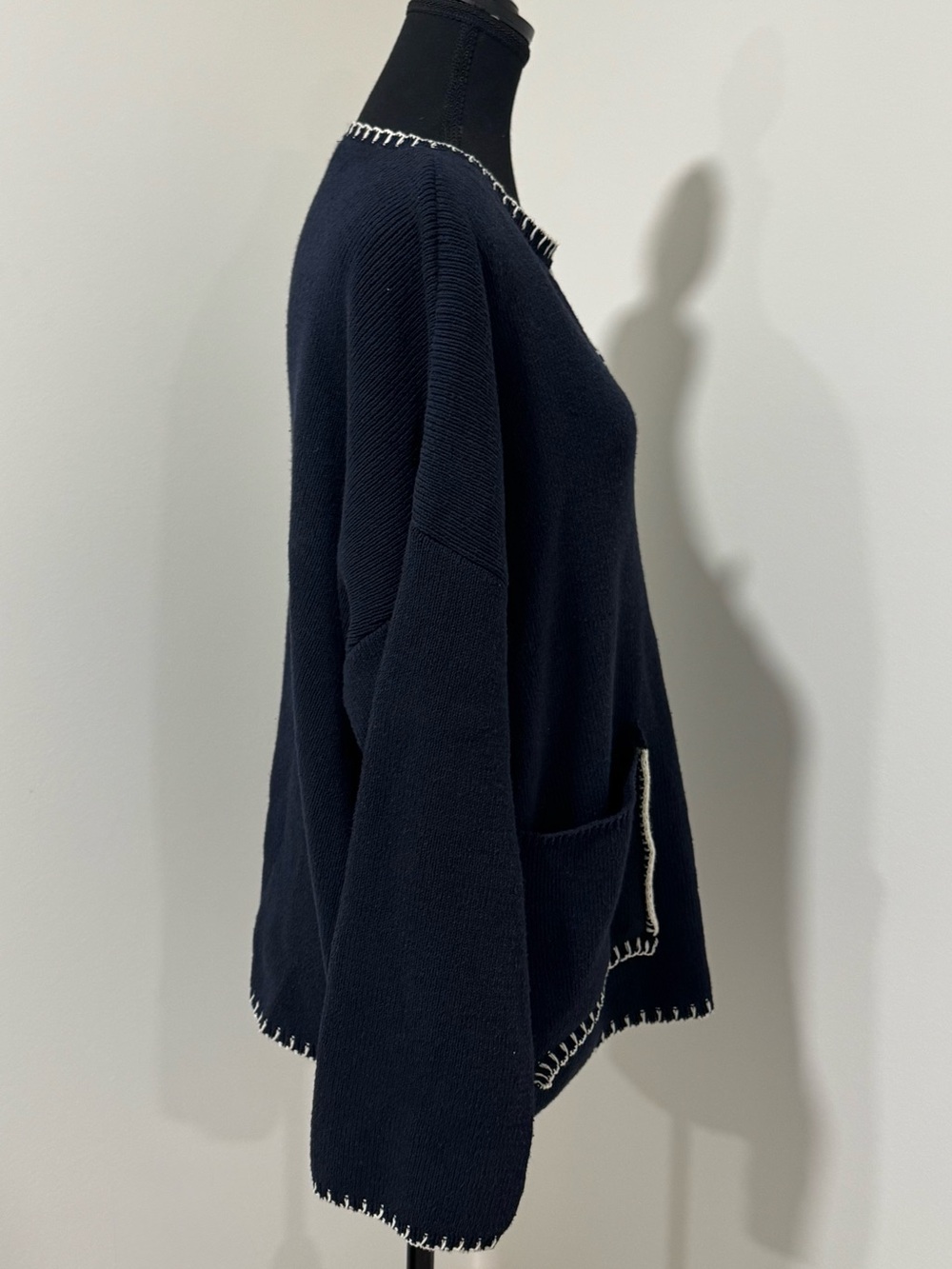 Zara Navy V-Neck Sweater with White Contrast Stitching - Picture 2 of 5